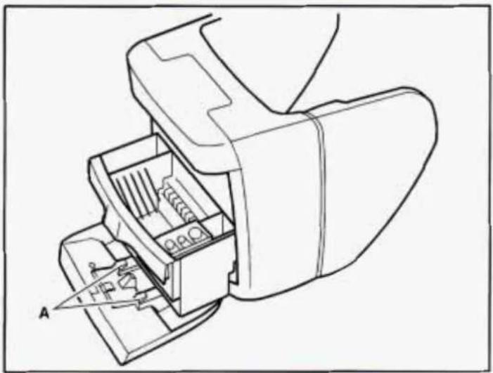 Technical diagram of a mechanical device with labeled parts A and B, showing internal components like springs and connectors.