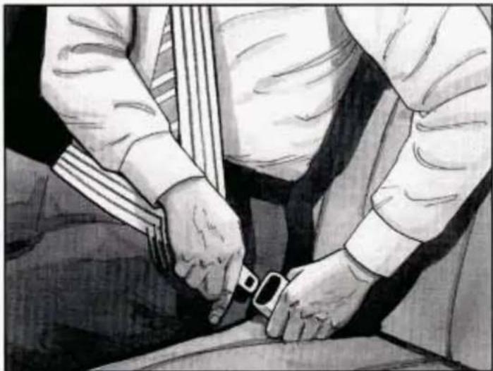 Illustration of two people wearing a car seatbelt, seated and standing (no text or symbols visible)