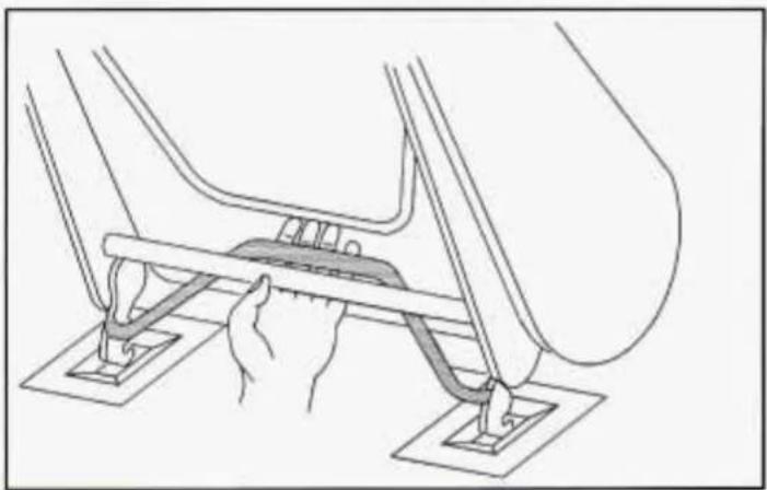 Line drawing of a hand using a cable to lift a seatbelt (no text or symbols)