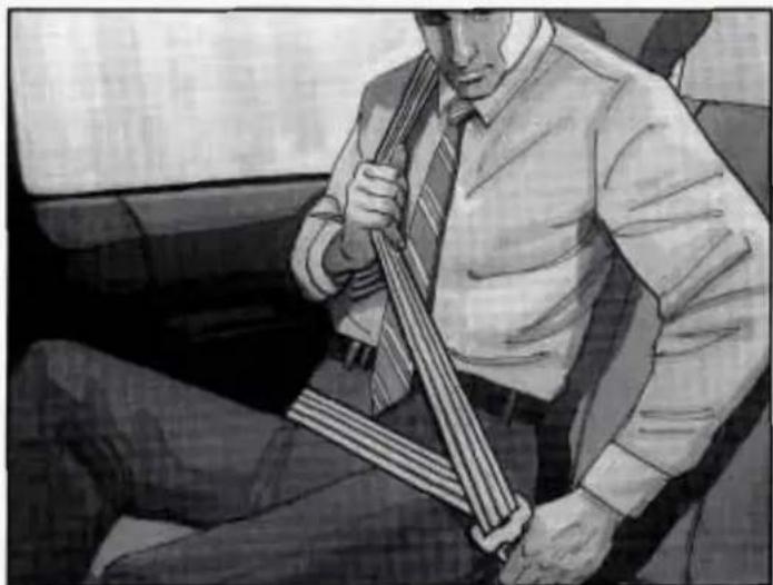 Illustration of a man in a suit and tie sitting on a bench, holding a belt (no text or symbols visible)