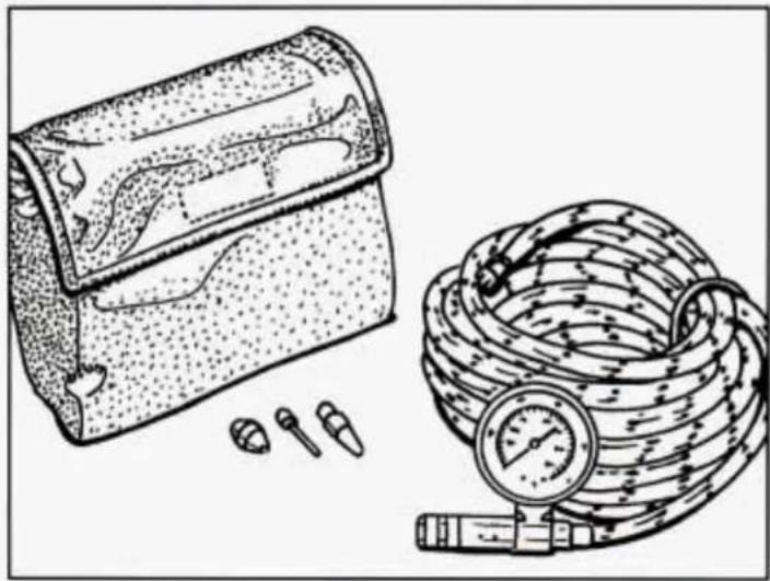 Illustration of a medical device with a coiled tube and a bag, accompanied by small components (no text or symbols)