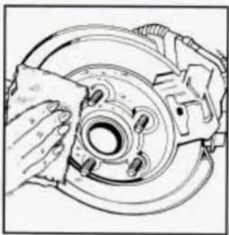 Technical line drawing of a car brake assembly with hands adjusting components (no text or symbols)