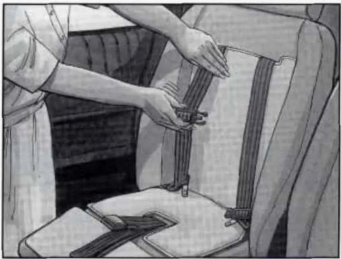 Illustration of a person adjusting a seatbelt in a car seat (no text or symbols visible)