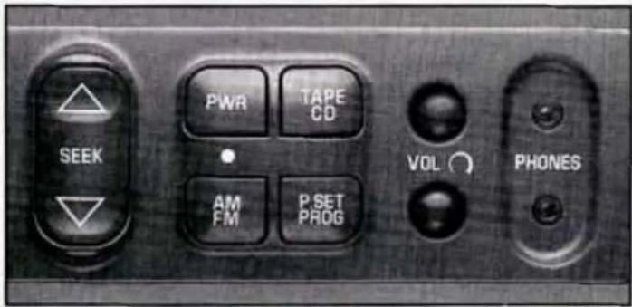 SEEK PWR TAPE CD AM FM P SET PROG VOL PHONES