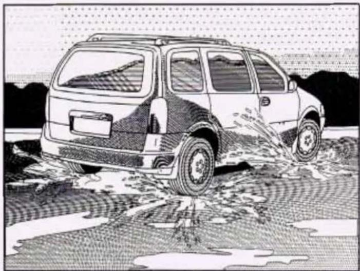 Illustration of a car driving through water, splashing on pavement (no text or symbols)