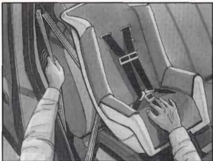 Illustration of two hands adjusting a car seatbelt (no text or symbols visible)