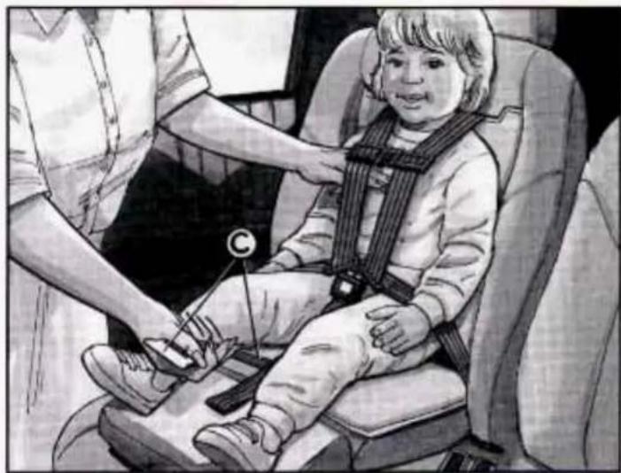 Illustration of a child wearing a seatbelt sitting in a car seat, with an adult assisting (no text or symbols visible)