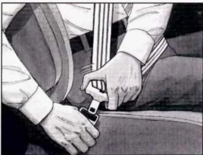 Illustration of two hands adjusting a seatbelt on a vehicle (no text or symbols visible)