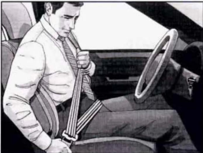 Illustration of a man sitting in a car wearing a seatbelt, holding the steering wheel (no text or symbols visible)