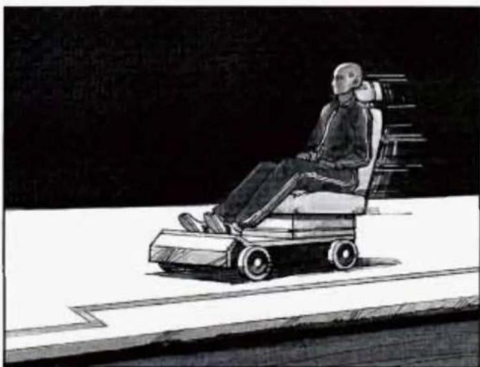 Illustration of a person seated in a mobility vehicle on a platform (no text or symbols visible)