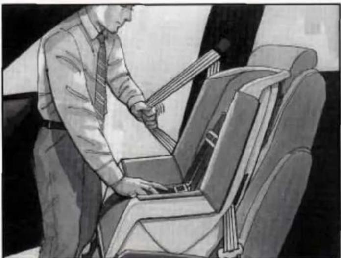 Illustration of a man adjusting a seatbelt inside an airplane seat (no text or symbols visible)
