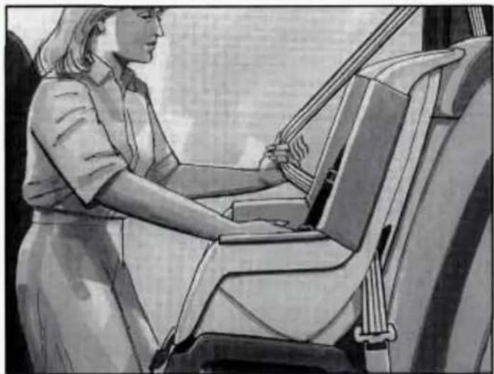 Illustration of a woman seated in a car seat, holding a steering wheel (no text or symbols visible)