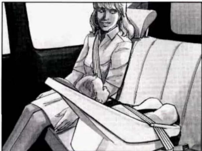 Black-and-white illustration of a person sitting on a car seat, viewed from above (no text or symbols visible)