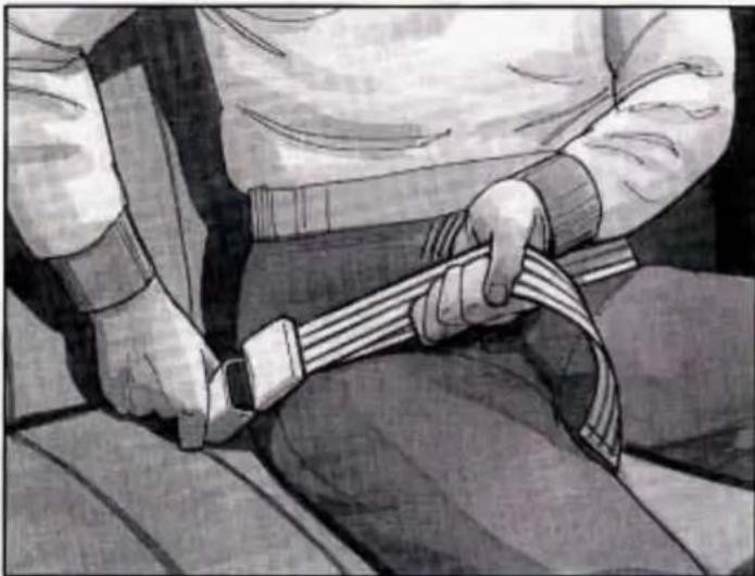 Illustration of a person adjusting a seatbelt, no text or symbols present