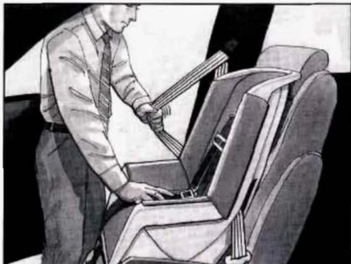 Illustration of a man adjusting a seatbelt inside an airplane seat (no text or symbols visible)