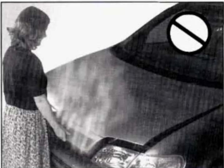 Black-and-white photo of a woman standing beside a large airplane with a 'no' sign, no visible text or symbols on the aircraft or surroundings.