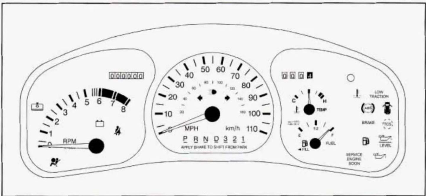 000000 RPM MPH km/h 110 P B N D 3 2 1 APPLY BRAKE TO SHIFT FROM PARK LOW TRACTION C H TEMP BRAKE TCS, E FUEL FILL SERVICE ENGINE SOON