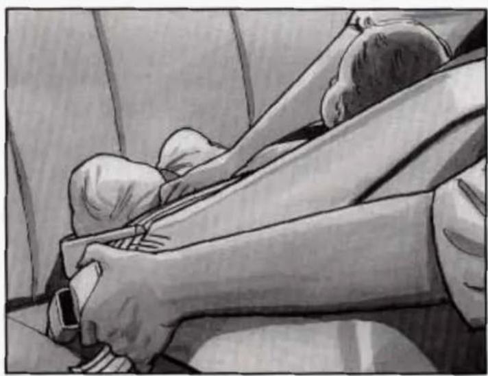 Illustration of a person seated in a car seatbelt, showing hands and seatbelt (no text or symbols)