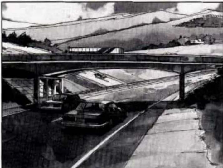 Black-and-white sketch of a train at an elevated bridge over a snowy landscape with hills in the background (no text or symbols)