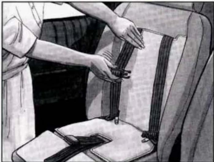 Illustration of a person adjusting a seatbelt on a vehicle (no text or symbols visible)