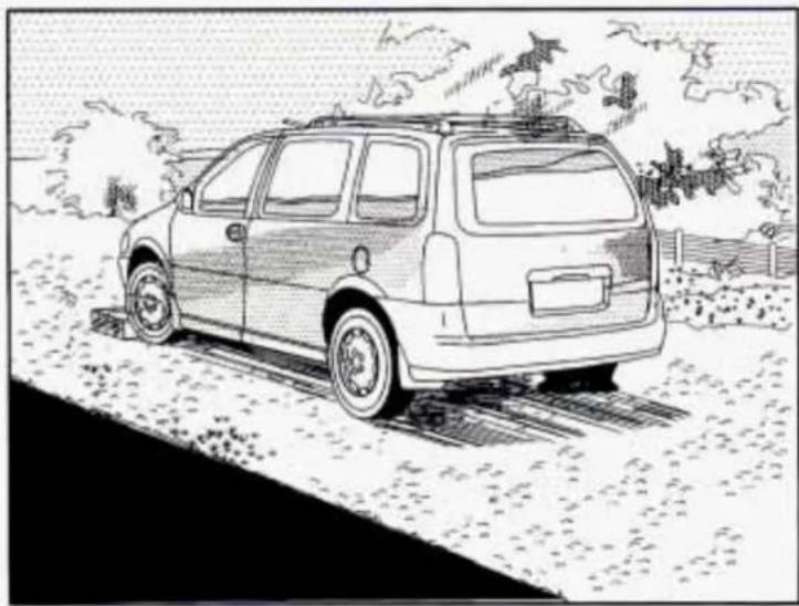 Black-and-white line drawing of a car driving on a dirt road with trees and a fence in the background (no text or symbols)