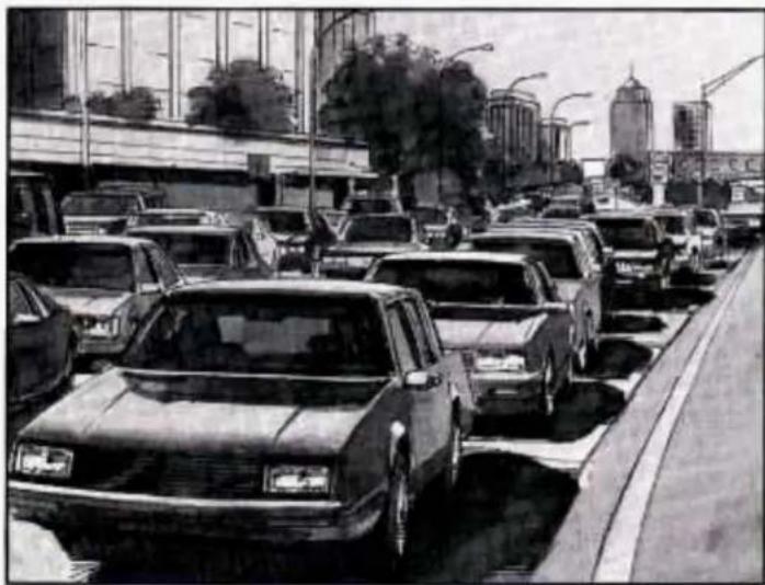 Black-and-white sketch of a crowded street scene with multiple cars parked on a multi-lane road, buildings and trees in the background (no visible text or signage)