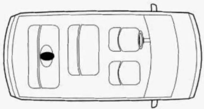 Top-down line drawing of a car interior layout with no text or symbols