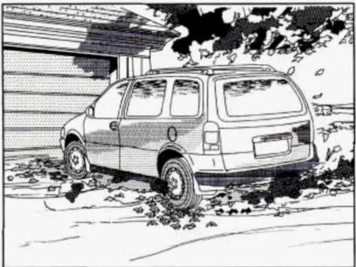 Black-and-white illustration of a parked SUV on a gravel surface near a building (no text or symbols visible)
