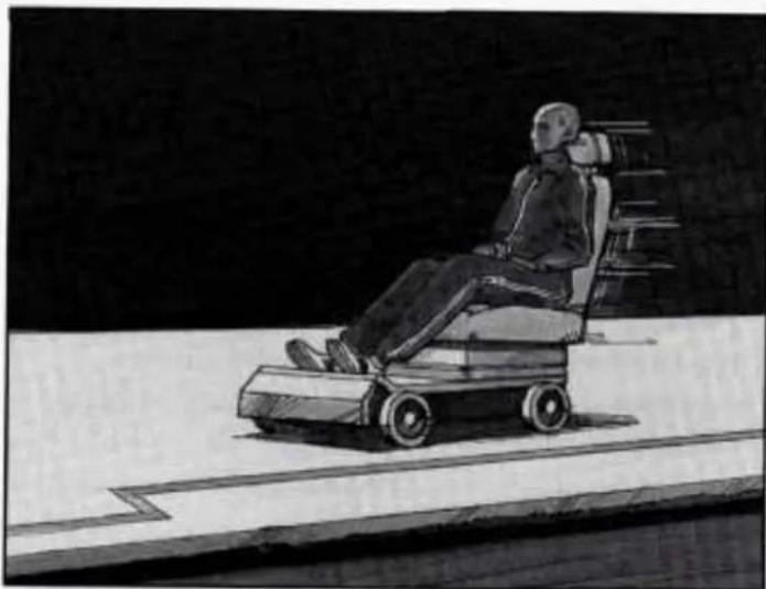 Illustration of a person seated in a mobility scooter on a platform, with no visible text or symbols.