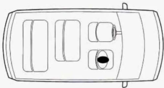 Top-down line drawing of a car interior layout with no text or symbols