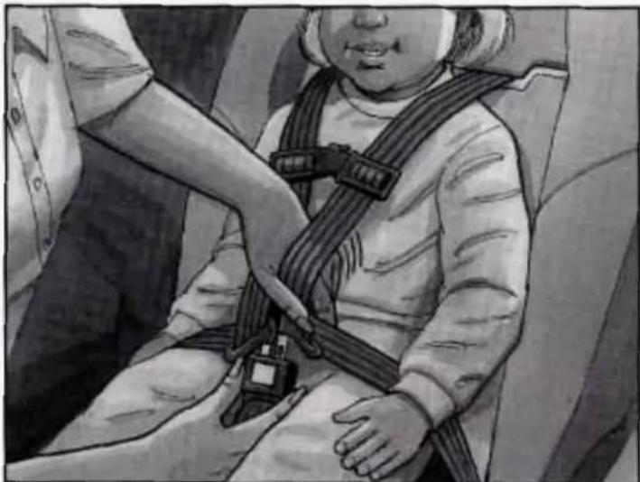 Illustration of a child wearing a seatbelt and harness, seated in a vehicle (no text or symbols visible)