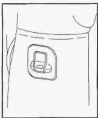 Simple line drawing of a door with a small rectangular opening and a circular button, no text or symbols present.