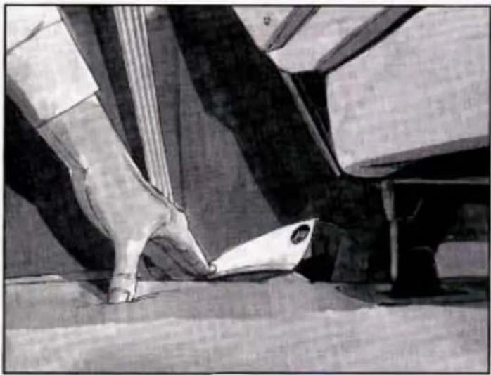 Black-and-white illustration of a hand pressing down on a wooden surface, with no visible text or symbols.