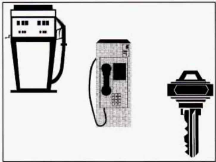 Three black-and-white line drawings of different household appliances: a fuel pump, a keypad, and a key (no text or symbols)