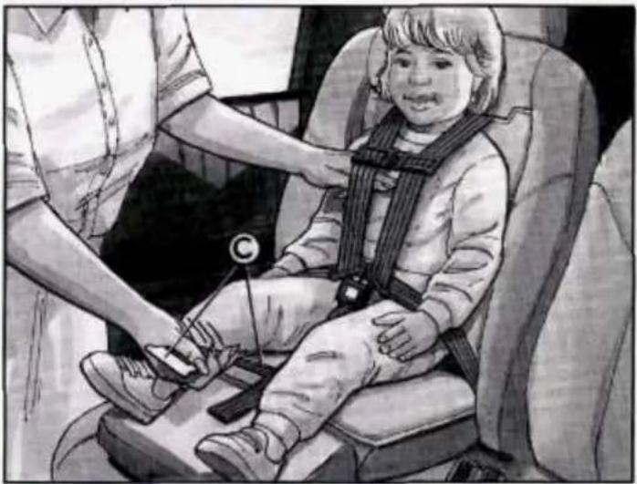Illustration of a child seated in a car seat, wearing a seatbelt and adjusting its seatbelt (no text or symbols visible)