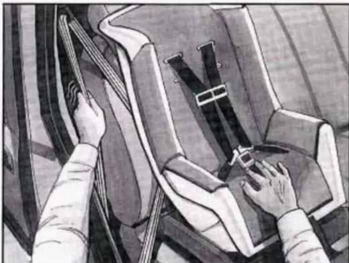 Illustration of hands adjusting a car seatbelt (no text or symbols visible)