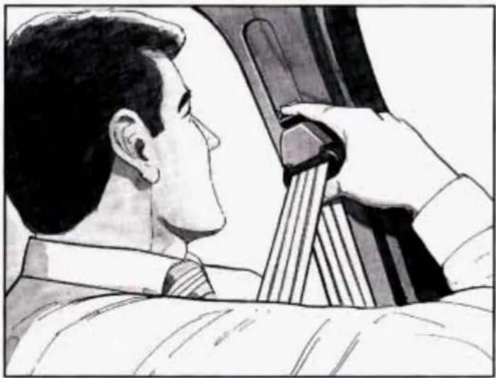 Black-and-white illustration of a man sitting in a car, holding a seatbelt (no text or symbols visible)