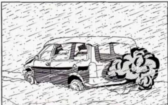 Cartoon illustration of a moving car with wheels, partially covered by rain and clouds (no text or symbols)