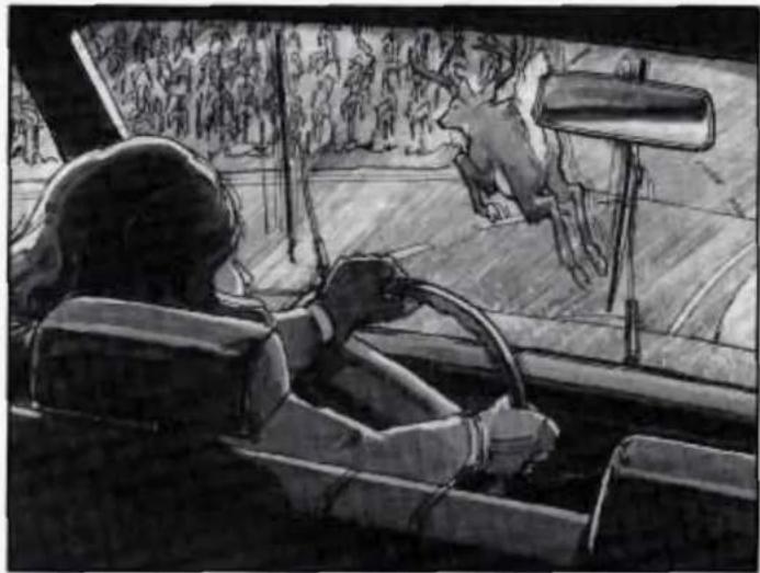 Black-and-white sketch of a person driving a car at night, with a large animal visible in the background (no text or symbols)
