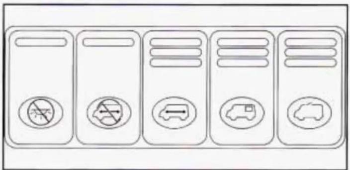 Diagram showing five identical rectangular panels with traffic and transportation icons, each containing a symbol: no stop sign, car, truck, and car.