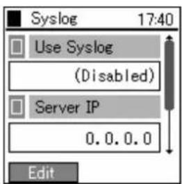 Syslog 17:40 Use Syslog (Disabled) Server IP 0.0.0.0 Edit