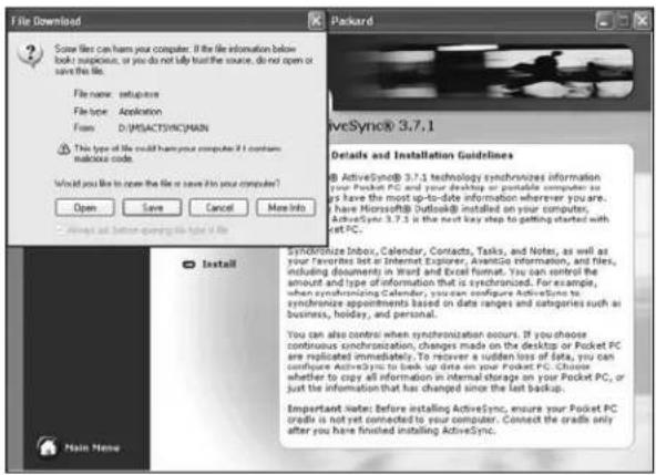File Download Packard Some file can have your computer. If the file information below book? suspicious, or you do not help trust the source, do not open or save this file. File name: setup.exe File type: Application From: D:\MACTSYNCHMANT This type of file would have your computer if I contain sicious codes. Would you like to open the file or have this your computer? Open Save Cancel More Info Details and Installation Guidelines ActiveSync® 3.7.1 technology synchronizes information your Pocket PC is available as a version of the system, which is used by g has the most up-to-date information wherever you are. I have Microsoft Outlook installed on your computer. ActiveSync 3.7.1 is the next key step to getting started with set PC. Apply as before opening this file of file Install Synchronize Inbox, Calendar, Contacts, Tasks, and Notes, as well as your Favorites list in Internet Explorer, Avantio information, and files, including documents in Word and Excel format. You can control the amount and type of information that is synchronized. For example, when synchronizing Calendar, you can configure ActiveSync to synchronize appointments based on data ranges and categories such as business, holiday, and personal. You can also control when synchronization occurs. If you choose continuous synchronization, changes made on the desktop or Pocket PC are replicated immediately. To recover a sudden loss of data, you can configure ActiveSync to book up data on your Pocket PC. Choose whether to copy all information in internal storage on your Pocket PC, or just the information that has changed since the last backup. Important Note: Before installing ActiveSync, ensure your Pocket PC credits is not yet connected to your computer. Connect the credits only after you have finished installing ActiveSync. Main Here
