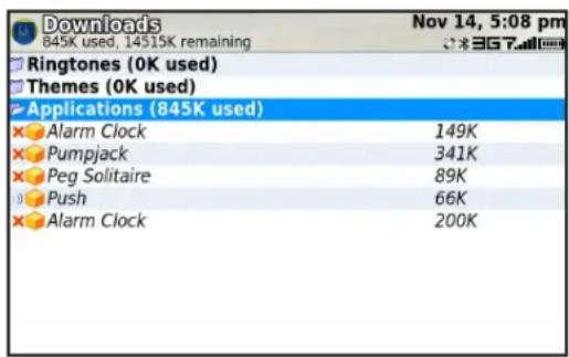 Downloads 845K used, 14515K remaining Nov 14, 5:08 pm Ringtones (OK used) Themes (OK used) Applications (845K used) Alarm Clock 149K Pumpjack 341K Peg Solitaire 89K Push 66K Alarm Clock 200K