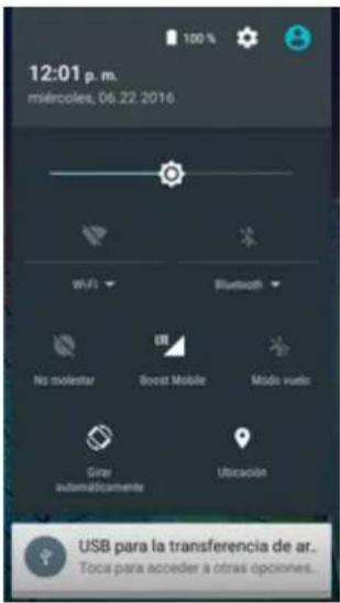 12:01 p. m. miércoles, 06.22.2016 WiFi Bluetooth No molestar Boost Mobile Mode vuelo Gire sautomáticos Utilación USB para la transferencia de ar.. Toca para acceder a otras opciones...