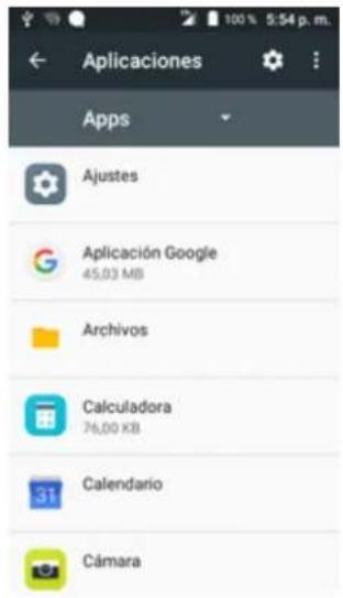 Aplicaciones Apps Ajustes Aplicación Google 45,03 MB Archivos Calculadora 76,00 KB Calendario Cámara