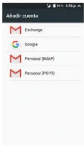 Añadir cuenta Exchange Google Personal (IMAP) Personal (POP3)