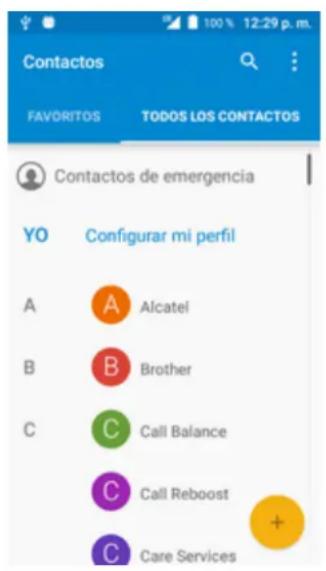 Contactos FAVORITOS TODOS LOS CONTACTOS Contactos de emergencia YO Configurar mi perfil A A Alcatel B B Brother C C Call Balance C Call Reboost C Care Services
