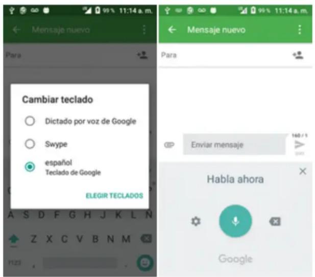 Mensaje nuevo Para Cambiar teclado Dictado por voz de Google Swype español Teclado de Google ELEGIR TECLADOS Para Enviar mensaje 160/1 Habla ahora Google