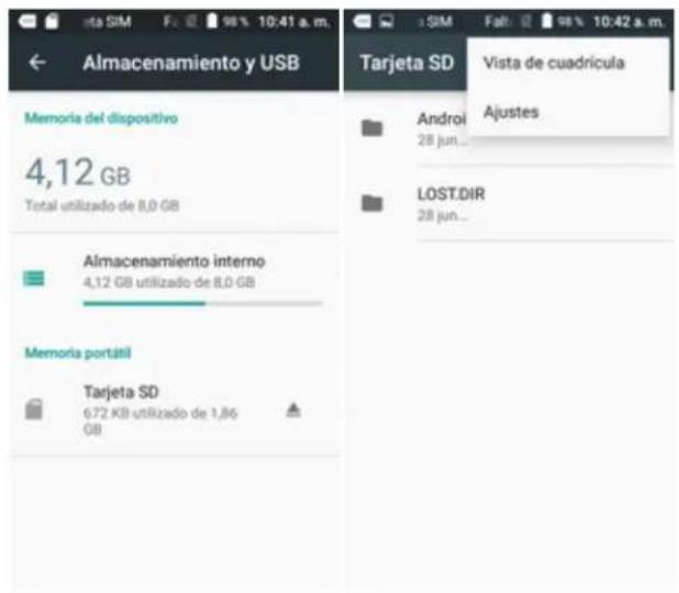 Almacenamiento y USB Memoria del dispositivo 4,12 GB Total utilizado de 8,0 GB Almacenamiento interno 4,12 GB utilizado de 8,0 GB Memoria portátil Tarjeta SD 672 KB utilizado de 1,86 GB Tarjeta SD Vista de cuadrícula Ajustes Android 28 jun... LOST.DIR 28 jun...