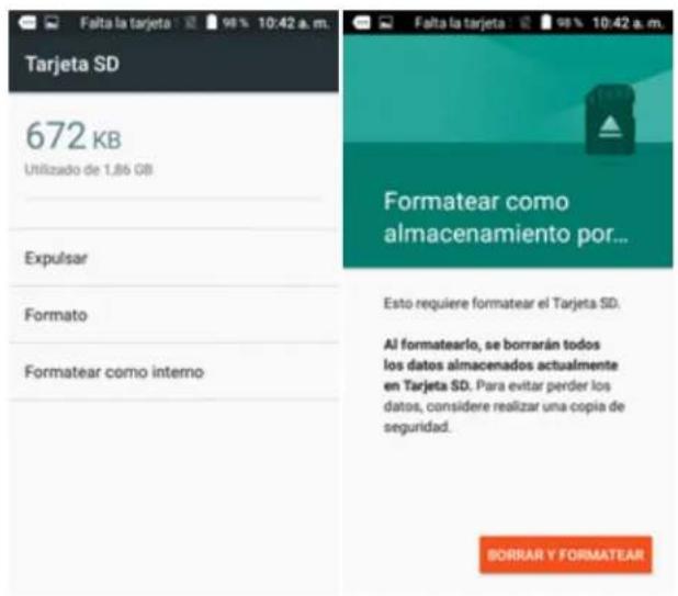Falta la tarjeta : 98% 10:42 a.m. Tarjeta SD 672 KB Utilizado de 1,86 GB Expulsar Formato Formatear como interno Formatear como almacenamiento por... Esto requiere formatear el Tarjeta SD. Al formatearlo, se borrarán todos los datos almacenados actualmente en Tarjeta SD. Para evitar perder los datos, considere realizar una copia de seguridad. BORRIAR Y FORMATEAR